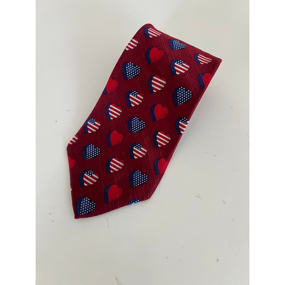 Savile Row Men's 100% Silk Neck Tie Red American Flag Hearts Print JL